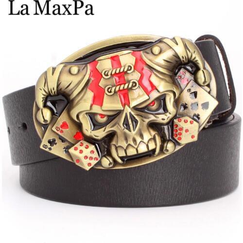 Cool belt for men punk belt golden skull buckle Skull clown pattern cow leather Gambler Skeleton hip hop belt mens gift