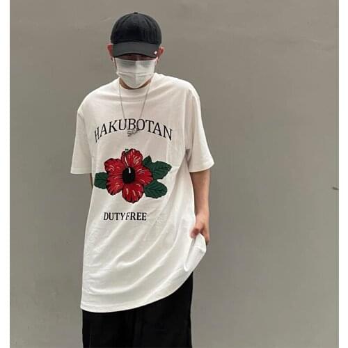 Retro Style Red Flower Printed Kpop Unisex Shirt White Cotton Short Sleeve Tumblr Fashion Graphic Tees Summer Chic Cotton Tshirt
