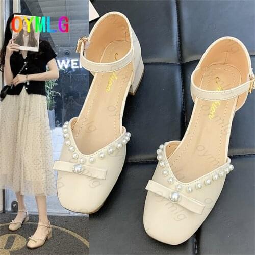 Baotou sandals womens thick heel 2021 summer new mid-heel fairy style white pearl single shoes all-match evening shoes sandals