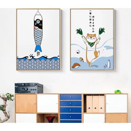Japanese Creative Animal Fish Poster And Print Restaurant Decoration Painting Cute Wall Art Pictures For Dining Room Sushi Place