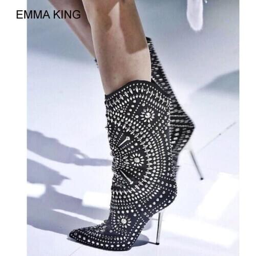 2021 Spring Women Metal Studded Rivets Mid-calf Boots Faux Suede Stiletto High Heels Cool Boots Ladies Party Club Runway Shoes
