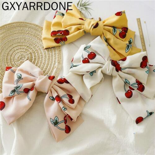 1pcs 2019 New Cherry Print Big Hair Bow Hair Clips Women French Barrettes Handmade Large Bow Clips Accessories