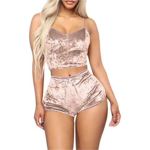 2021 Velvet Sleeveless V-Neck Sexy Crop Top Biker Shorts 2 Piece Set Autumn Winter Women Streetwear Tracksuit Camisole + Shorts