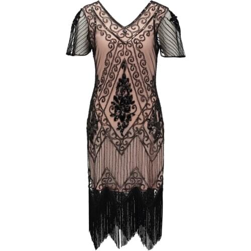 Art Deco Embellished Beaded Sequin Midi Dress Womens 1920s Vintage V Neck Butterfly Sleeve Long Great Gatsby Flapper Dress