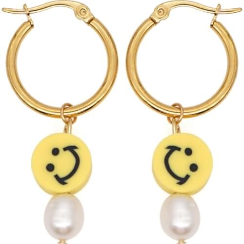 Go2Boho 2021 Cute Smile Face Earrings for Women Pearl Jewelry Girl Perlas Dangle Drop Earings Stainless Steel Circle Earring