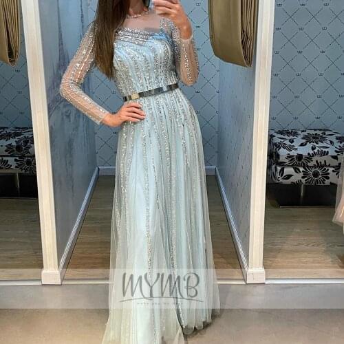 2021 Sparking High End Quality Light Blue Muslim Evening Gown Long Sleeve Stylish Beaded Design Flowy Evening Party Women Dress