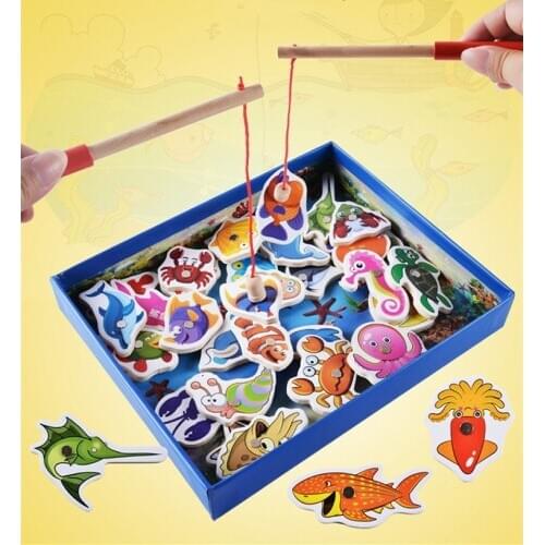 32 Fishes + 2 Fishing Rods Wooden Children Fishing Toys Set Magnetic Play Fishing Game Tin Box Kids Educational Toy Boy girl