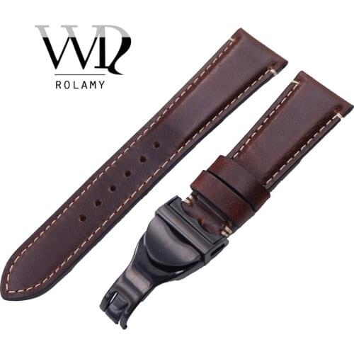 Rolamy 22mm Wholesale Durable Genuine Leather Wrist Watchband Strap Belt Loops Band Bracelets For IWC Tudor Seiko