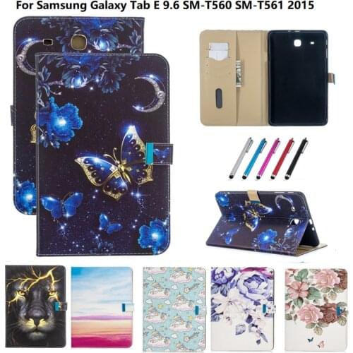 Case For Samsung Galaxy Tab E 9.6 Case Cartoon Lion Unicorn Pu Leather Wallet Stand Cover For Samsung SM-T561 SM-T560 Case + pen