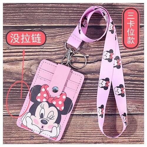 Disney Stitch cartoon pu hanging neck ID Mickey card bag bus card bag lanyard girl boy card holder meal card subway card set