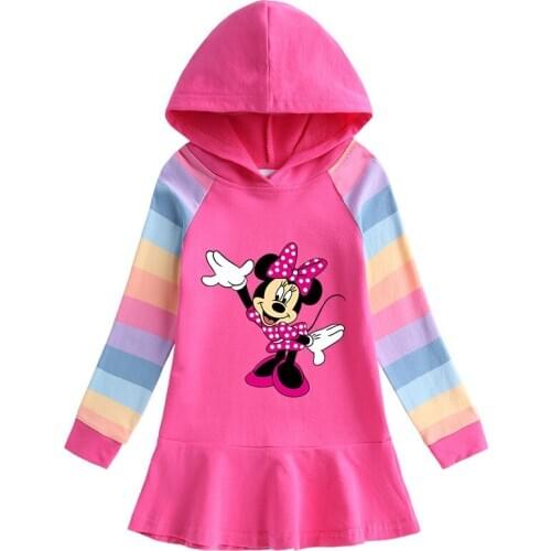 Disney Cartoon Minnie Hooded Dress Children Girl Mickey Rainbow Long Sleeve Cotton Dresses Autumn Clothing