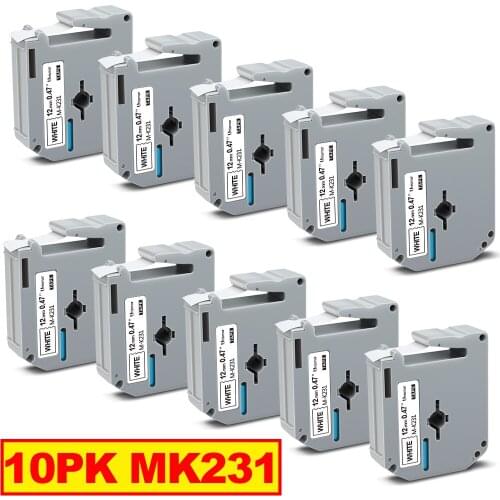 Unismar 10PK MK 231 Label Tape for Brother Tape MK231 Black on White Label Tape 12mm 1/2" for Brother Ptouch Label Printer PT-80