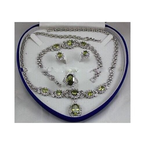 Hot sell new - Charming!Peridot Inlay Link Bracelet earrings Ring Necklace Set watch wholesale Quartz stone CZ