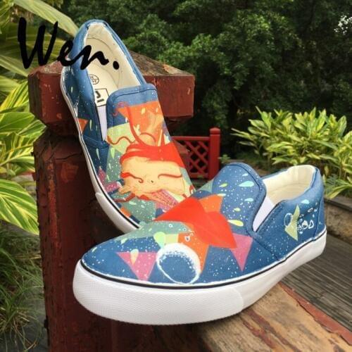 Wen Hand Painted Single Shoes Marine Animal Whale Octopus Sea World Geometry Designs Slip On Flats Unisex Canvas Sneakers