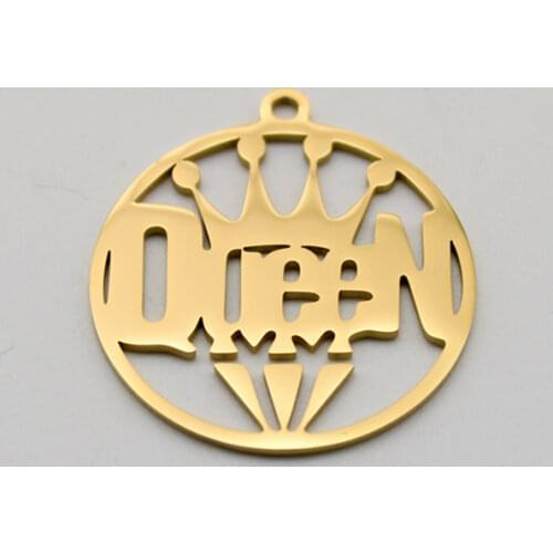 Script Words Crown Queen Round Charm Stainless Steel Charms High Polish Mirror Surface Pendant 20pcs/lot