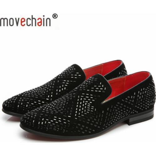 Movechain Mens Fashion Suede Leather Loafers Mens Rivets Embroidery Driving Party Flats Man Moccasins Oxfords Casual Shoes