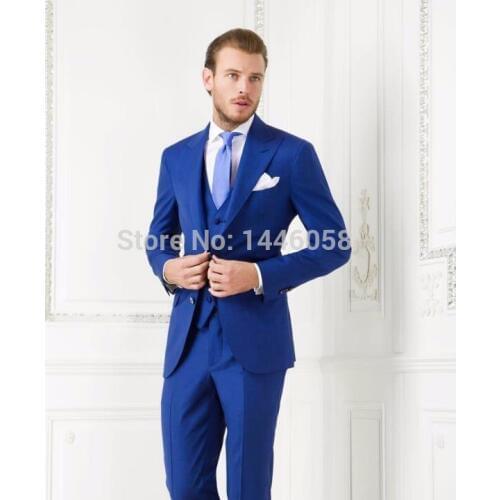 Custom 2017 Two Button Royal Blue Wedding Tuxedos Peak Lapel Groom Suit Groomsmen (Jacket+Pants+Vest) Wedding Suits Men Suits
