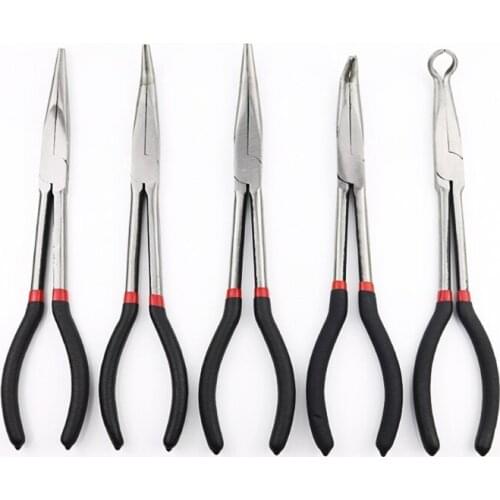 13MA 5Pcs 11" Long Reach Plier Set Straight 90° 45° 20° Bent Double-X Hose Grip Pliers Set Ring Nose Pliers Kit Hand Tools
