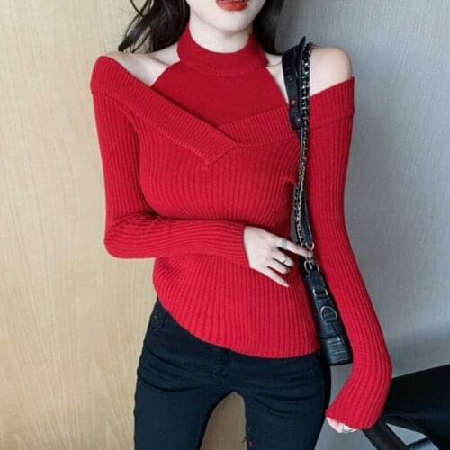 New Autumn Winter Korean Fashion Pullover Sweater Women Fake Two-Piece Off-Shoulder Long-Sleeved Hanging Knitting Sweater Female