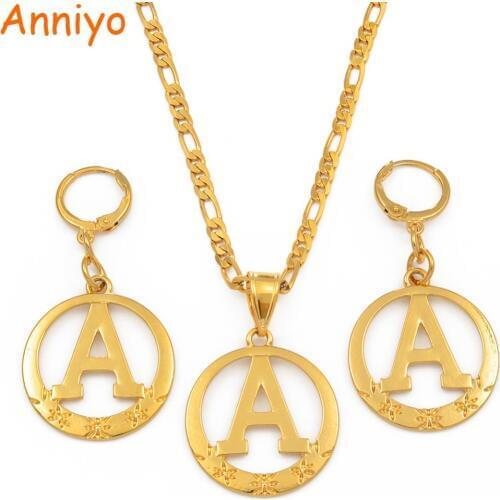 Anniyo A to Z Alphabet Pendant Necklaces for Women Gold Color Initial Chains Round English Letter Jewelry Gifts #105106