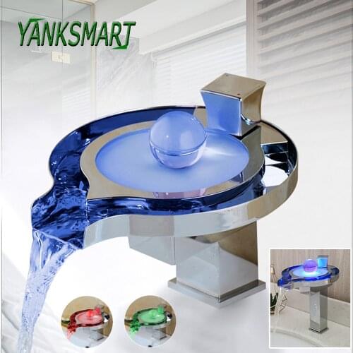 YANKSMART Deck Mounted Bathroom Faucet Brass Chrome Waterfall Basin Sink Faucets 3 Colors Change LED Tap Water Power Mixer Tap