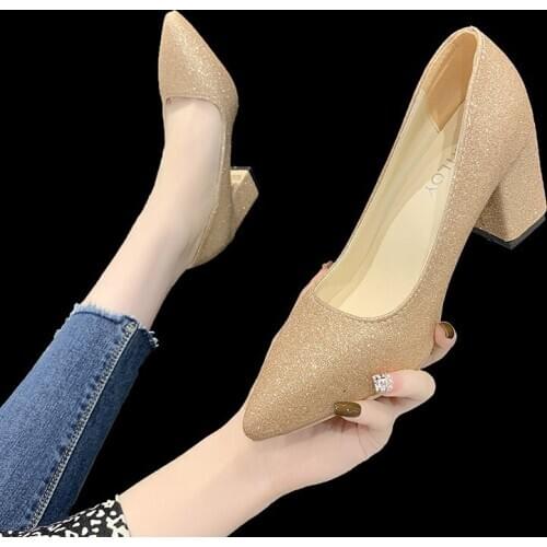 Lady Office Casual Work Shoes Women Pumps Pointed Toe Med Chunky Gold Heels Slip on Wedding Party Shoe Tacones Mujer Plus Size43