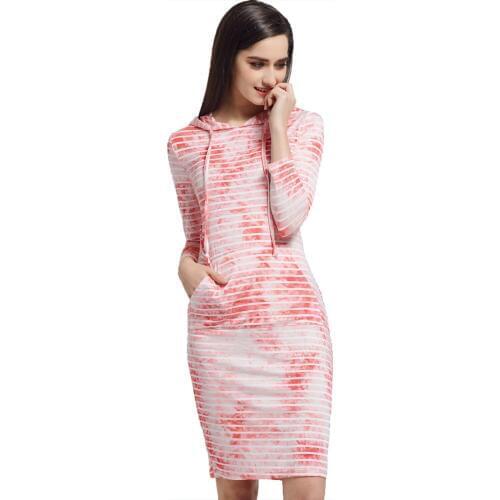 Spring Summer Fashion Long Sleeve Bodycon Midi Dress Women Striped Tie Hooded Tight Dresses 3SZ60025