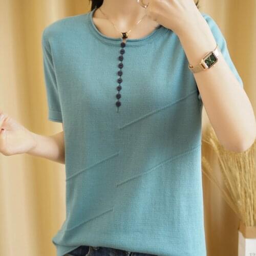 Pure cotton knitted sweater female pullover O-neck short-sleeved thin loose pullover female sweater knitted top soft