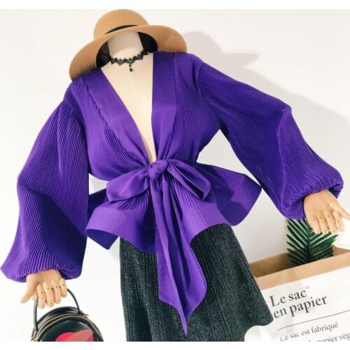 Spring And Autumn New Womens Pleated Long-sleeved Shirt Fashion Sexy Elastic Waist Tie Pleated Waist Ruffled Blouse Women