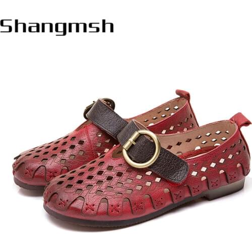 Ladies round toe flats ballerinas shoes genuine leather woman comfortable loafers black hollow flats women shoes 6108