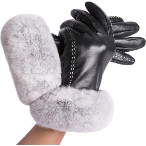 Women Winter Artificial Leather Touch Screen Gloves Cute Furry Wrist Thicken Plush Lining Warm Texting Driving Mittens