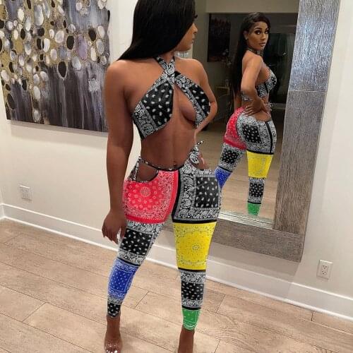 Sexy Bandana Print Club Outfits for Women Matching Sets Criss-Cross Halter Crop Top and Pant Suits Vacation Party 2 Piece Set