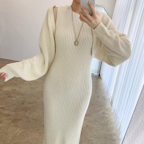 Autumn Knitted Two Piece Set Sexy O-Neck Sleeveless Bodycon Tank Dress + Solid Loose Crop Sweater Coat Suits Female Temperament