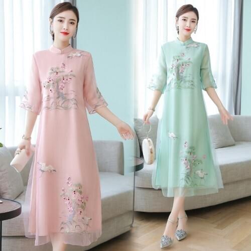 2021 Summer Women Cheongsam Long Dresses Embroidery A-line Chinese Style Floral Embroidery Loose Designer Dress Plus Size Pink