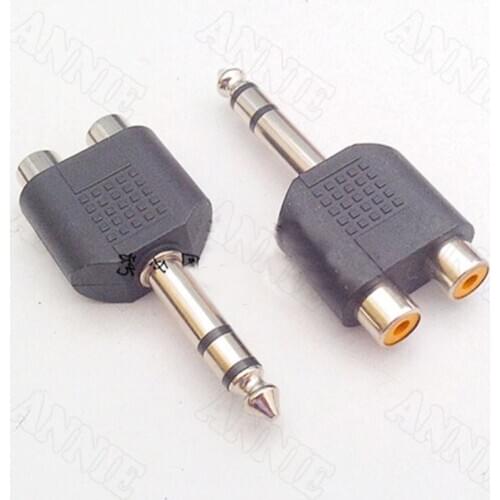 100pcs/lot 6.35 Dual Channel Male To Double RCA Female Socket 6.5 To AV One To Two Converter