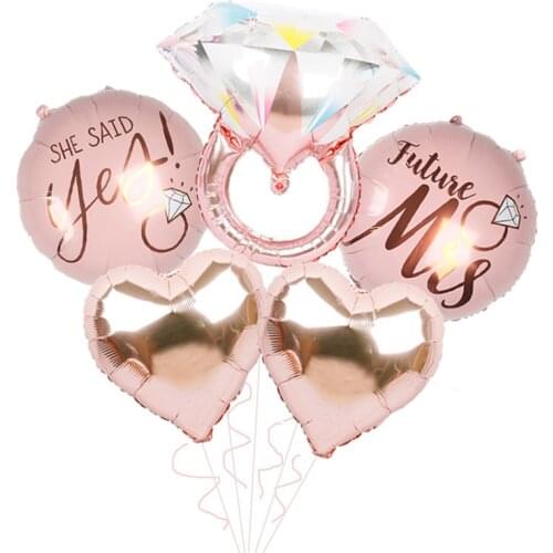 6pcs Rose Gold Champagne Wedding Diamond Ring Mylar Foil Balloons Event Party Decorations Kit Valentines Day Bridal Shower Toys
