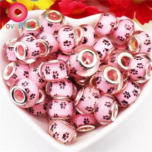 10Pcs Cute Dog Paw Puppy Footprint Charms Large Hole Spacer Beads Fit Pandora Bracelet Necklace Hair Beads Jewelry Women Girl