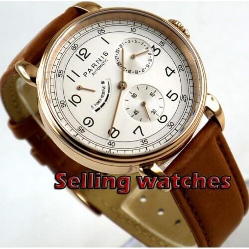 42mm PARNIS White Dial Date Indicator Power Reserve Leather Rose Golden plated Solid Case Automatic Mechanical mens Watch