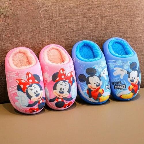 Disney Childrens Cotton Slippers Winter Boys and Girls Cute Cartoon Mickey Home Indoor Fur Slippers Warm Non-slip Baby Slippers