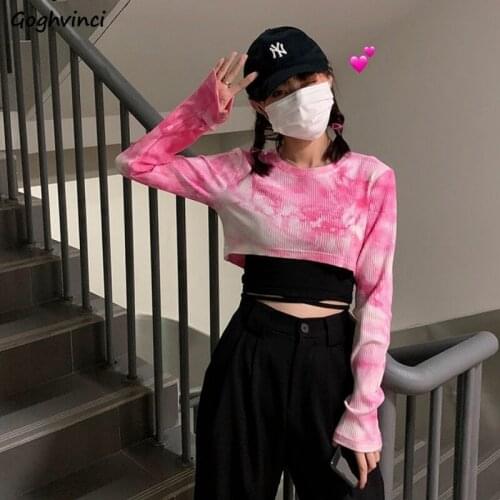 T-shirt Women Tie-dye Harajuku Trendy Long Sleeve Round-Neck Sweet Cool Summer Slim Lady Crop Tops Leisure Hip-hop Style Girls
