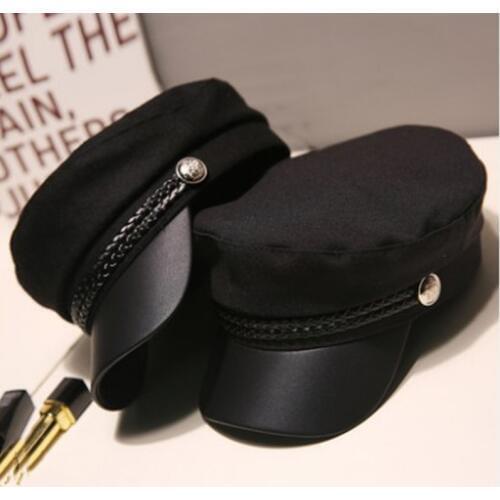 Fashion PU Leather Military Hat Autumn Sailor Hat For Women Men Black Grey flat top Female travel cadet hat Captain Cap Berets