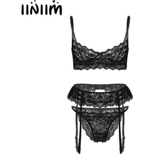 Iiniim Men See-through Floral Lace Lingerie Set Sissy Underwear Nightwear Unlined Bra with Thongs Garter Belt