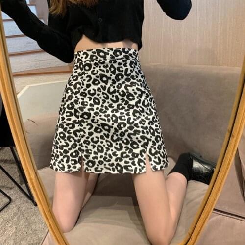 Korean Style Leopard Split Hip Skirt Skirts Summer Mini Skirt Fashion Harajuku Streetwear Sexy High Waist Bodycon Short Skirt