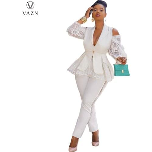 VAZN New 2021 Ladies Fashion Street Girl Style Women Suit Long Sleeve Lapel Top Elastic Long Pants Lace Two Piece Sets