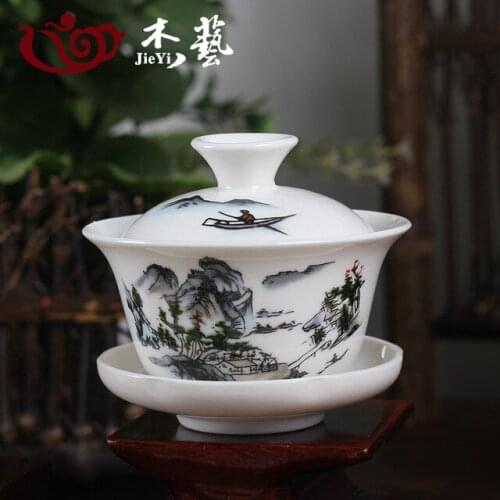 Landscape Map Porcelain Gaiwan Brewing Vessel Chinese Ceremony Gaiwan White Tureen Ceramic Gaiwan 110ml Gaiwan Tea Cups
