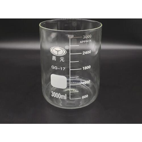 Beaker in low form without spout,Capacity 3000ml,Outer diameter=150mm,Height=183mm,Laboratory beaker