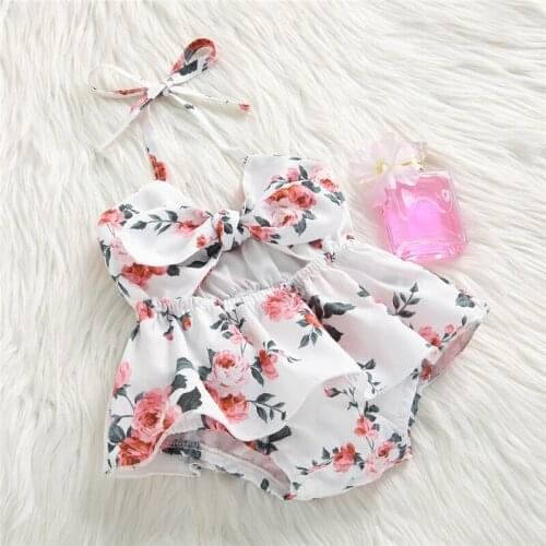 Cute Baby Floral Print Bodysuits Girls Sleeveless Hollow Out Sling Jumpsuit with Bow-knot for Summer Girls Clothing Sunsuit