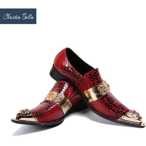 Christia Bella Fashion Luxury Embroidery Metal Toe Mens Summer Shoes Red Wedding Dress Shoes Mens Leather Career Work Shoes