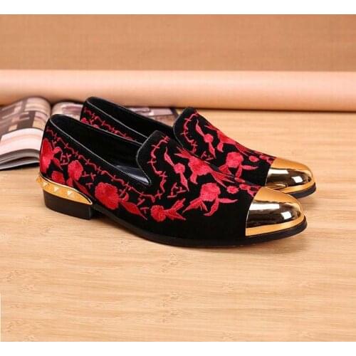 New Gold/Red Embroidery Men Loafers Suede Leather Formal Zapatos Hombre Party Wedding Flowers Dress Shoes Flats Luxury Casual