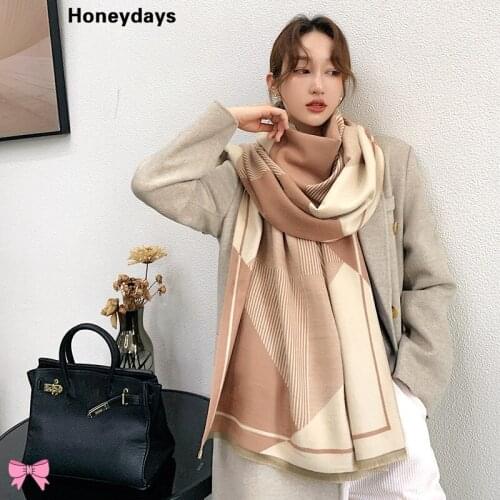 New Geometric Striped Cashmere Scarf for Ladies Winter Wild Long Double-sided Pashmina Thick Warm Shawl Air Conditioning Shawls